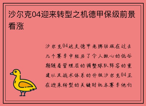 沙尔克04迎来转型之机德甲保级前景看涨